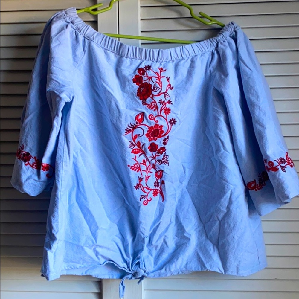Medium blue rain off the shoulder embroidered top